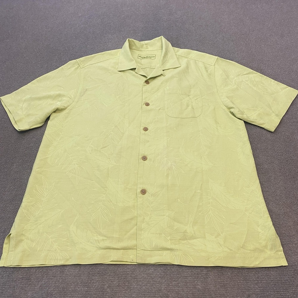 Tommy Bahama Shirt Mens Medium Green Silk Palm Leaf Hawaiian Loop Collar Button